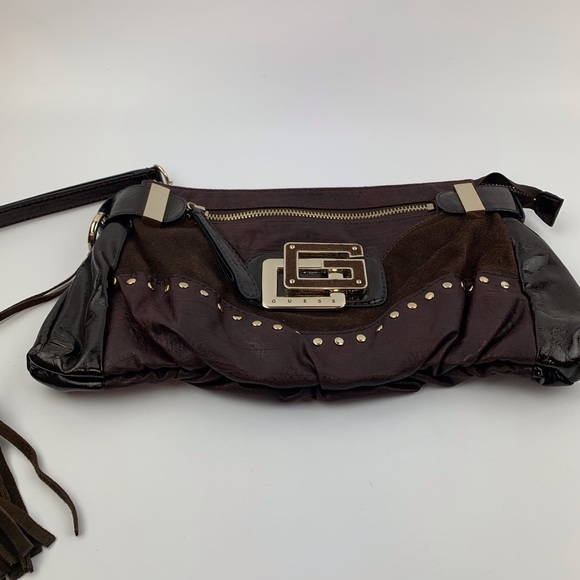 GUESS Brown Vegan Leather Clutch Wristlet Fringe - Picture 6 of 8